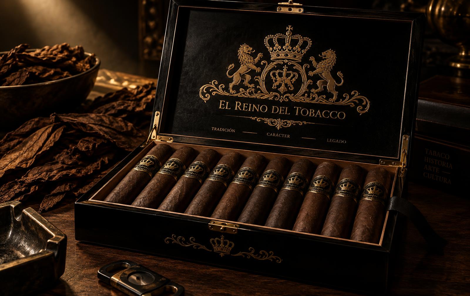 Open black lacquered El Reino del Tabaco box with gold crest, filled with crown-banded cigars