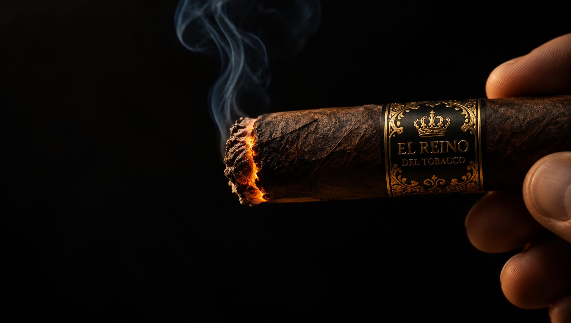 A lit El Reino del Tabaco cigar with its black and gold crown band