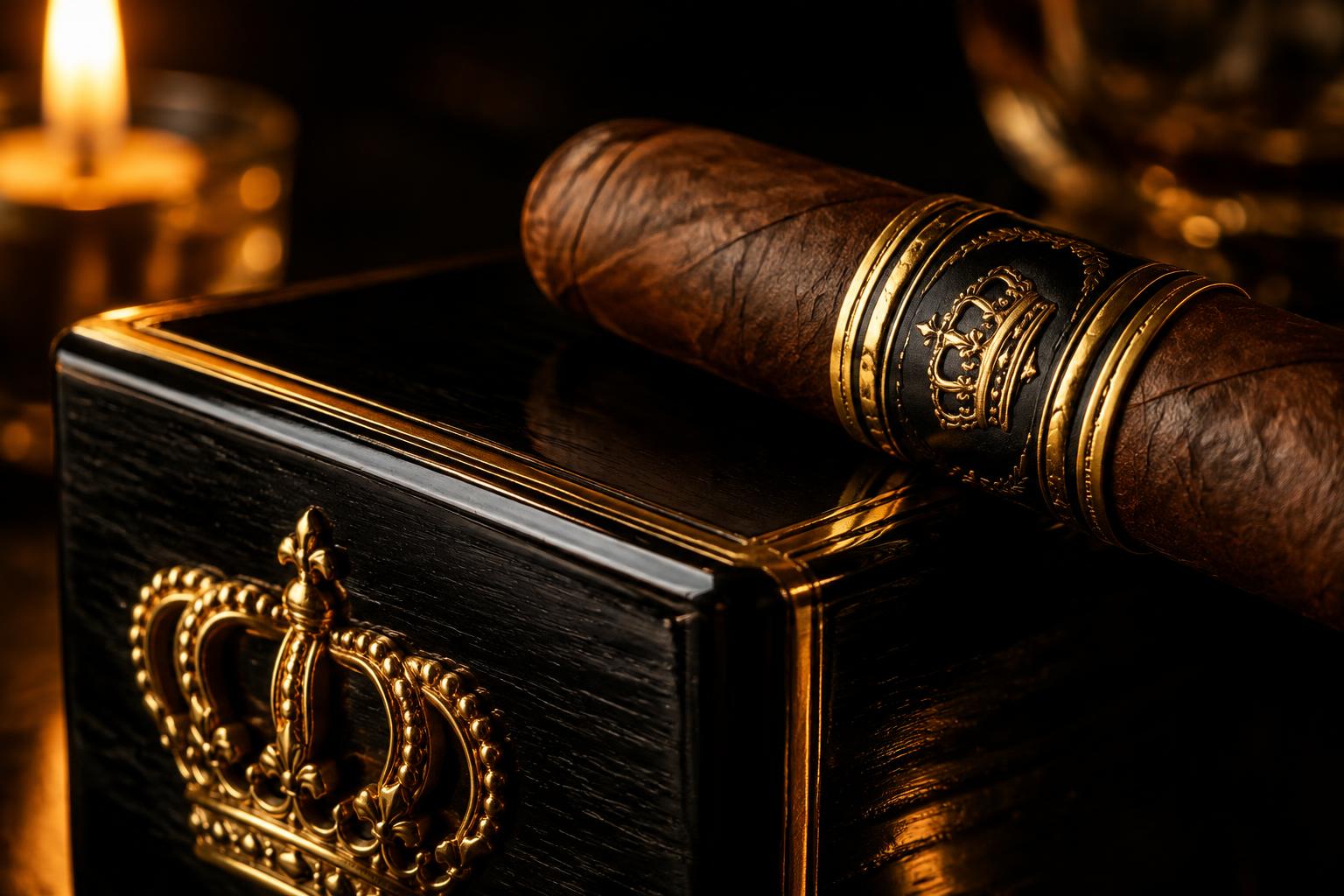 Close detail of the black lacquered box and a crown-banded cigar in candlelight